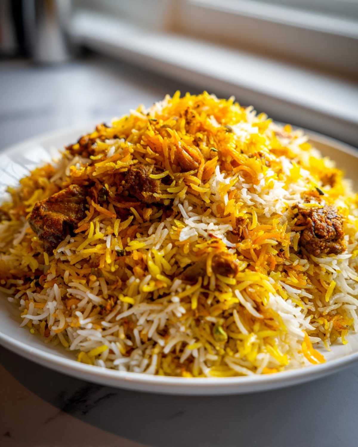 Close-up of a mound of fluffy, colorful Instant Pot Chicken Shawarma Rice on a white plate.