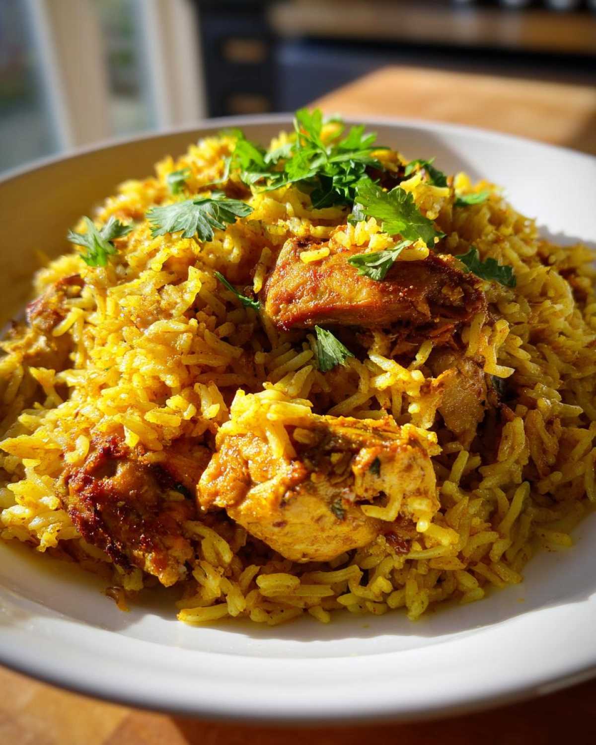 Close-up of vibrant yellow Instant Pot Chicken Shawarma Rice topped with fresh parsley.