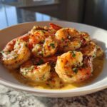 Close-up of succulent shrimp coated in creamy garlic butter sauce, garnished with herbs, part of the Instant Pot Creamy Garlic Butter Shrimp Scampi.