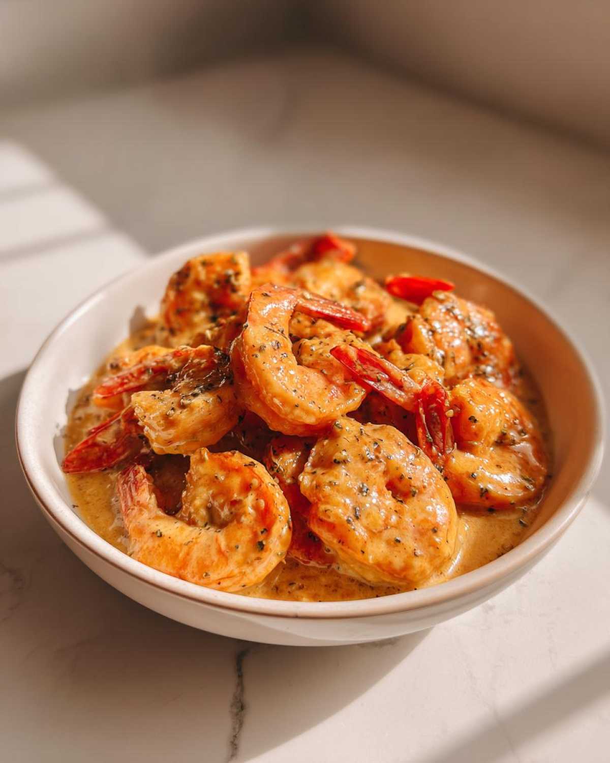 Close-up of succulent shrimp coated in a rich, creamy garlic butter sauce, ready to eat from a white bowl.