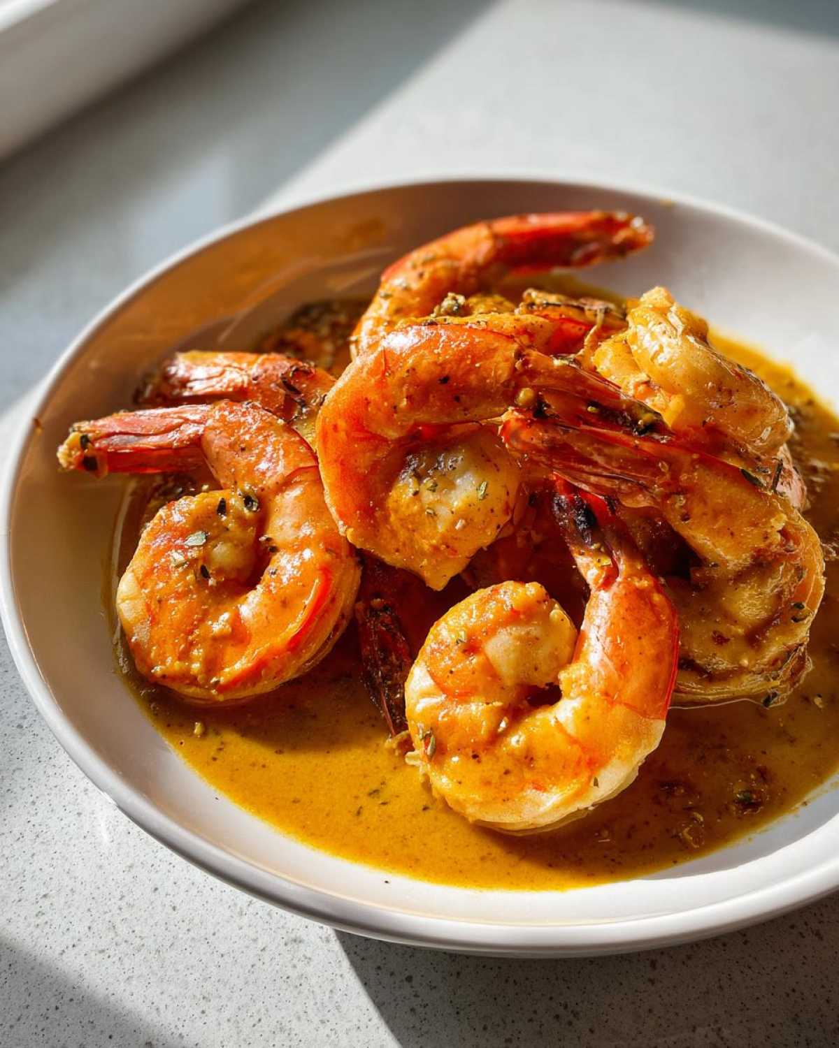 Close-up of succulent shrimp cooked in a rich, yellow Instant Pot Creamy Garlic Butter Shrimp Scampi sauce.