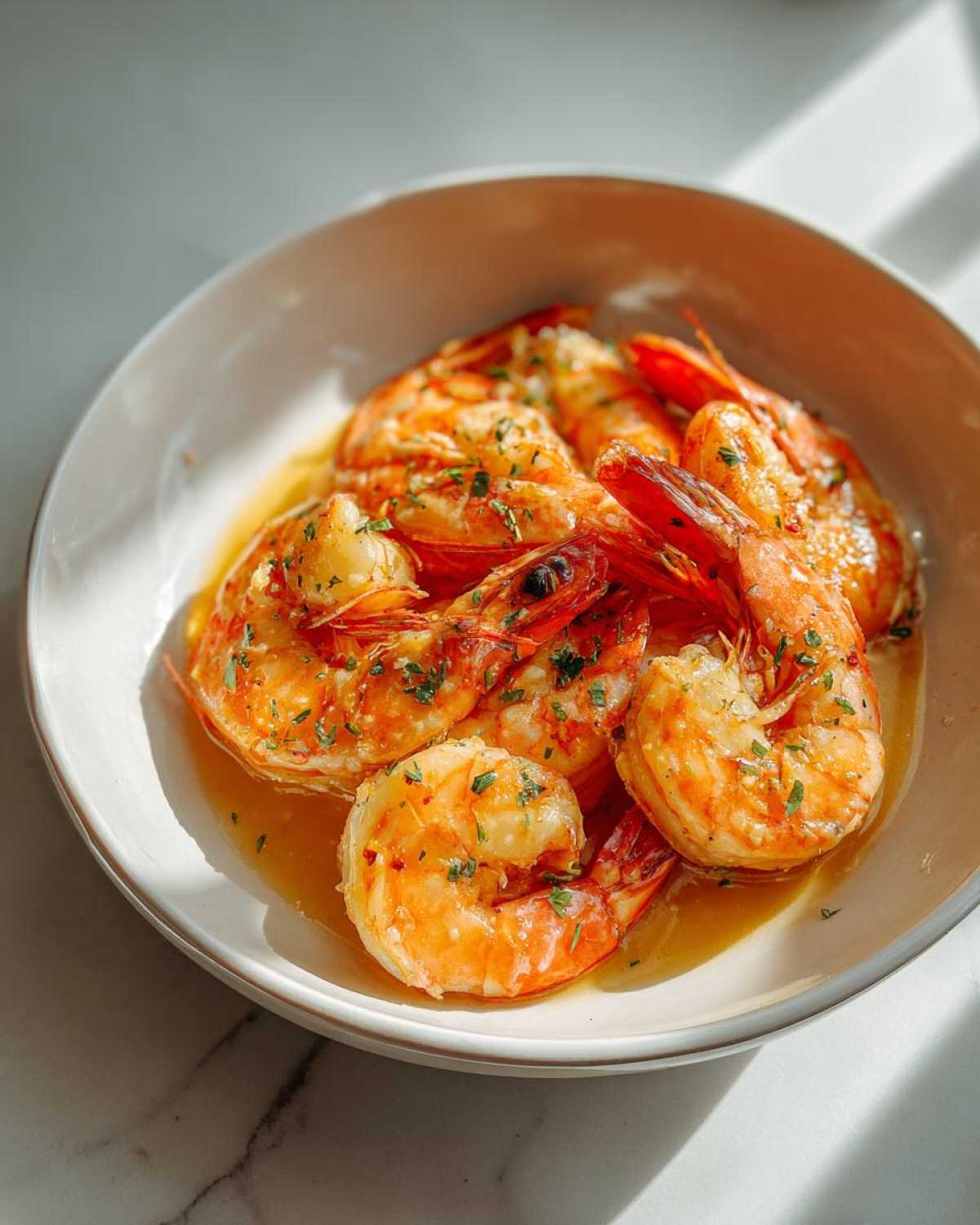 Close-up of succulent shrimp cooked in a creamy garlic butter sauce, garnished with parsley, ready to eat.