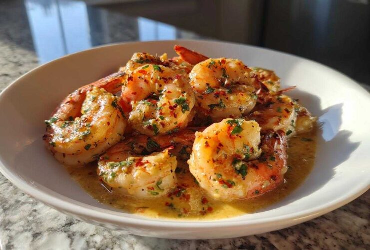 Close-up of succulent shrimp coated in creamy garlic butter sauce, garnished with herbs, part of the Instant Pot Creamy Garlic Butter Shrimp Scampi.