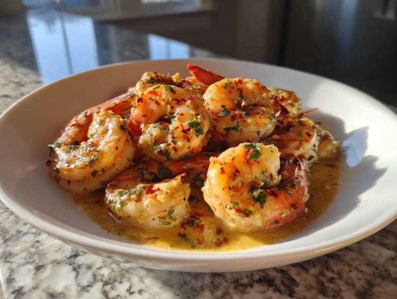 Close-up of succulent shrimp coated in creamy garlic butter sauce, garnished with herbs, part of the Instant Pot Creamy Garlic Butter Shrimp Scampi.