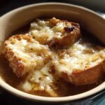 Close-up of a bowl of rich Instant Pot French Onion Soup topped with three cheesy, melted croutons.