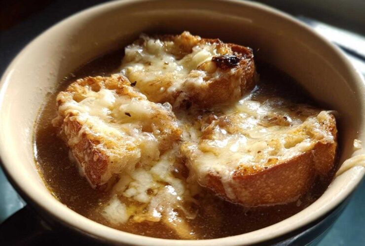 Close-up of a bowl of rich Instant Pot French Onion Soup topped with three cheesy, melted croutons.