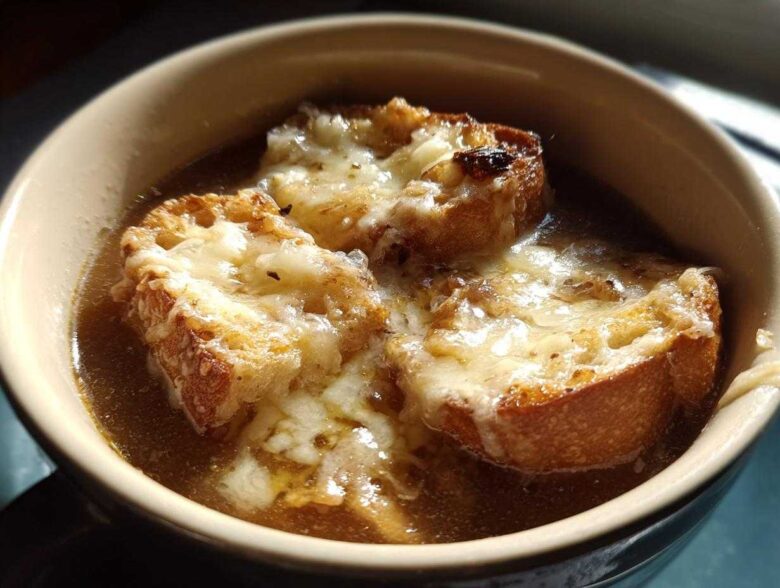 Close-up of a bowl of rich Instant Pot French Onion Soup topped with three cheesy, melted croutons.