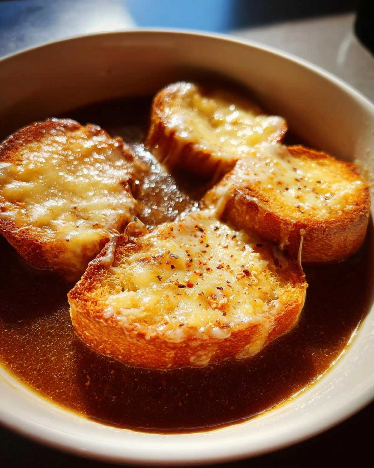 Close-up of a bowl of Instant Pot French Onion Soup topped with four slices of bread covered in melted, bubbly cheese.