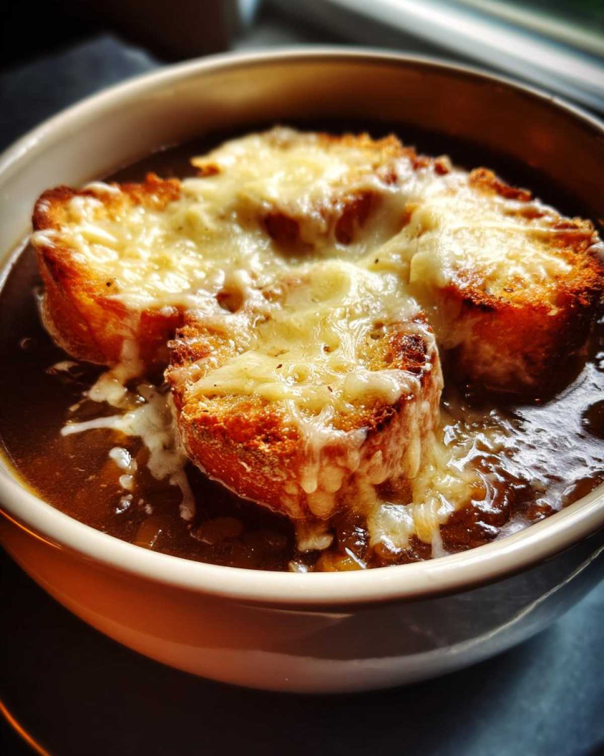 Close-up of a bowl of rich Instant Pot French Onion Soup topped with toasted bread and melted Gruyère cheese.