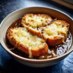 Close-up of a bowl of rich Instant Pot French Onion Soup topped with cheesy, melted croutons.