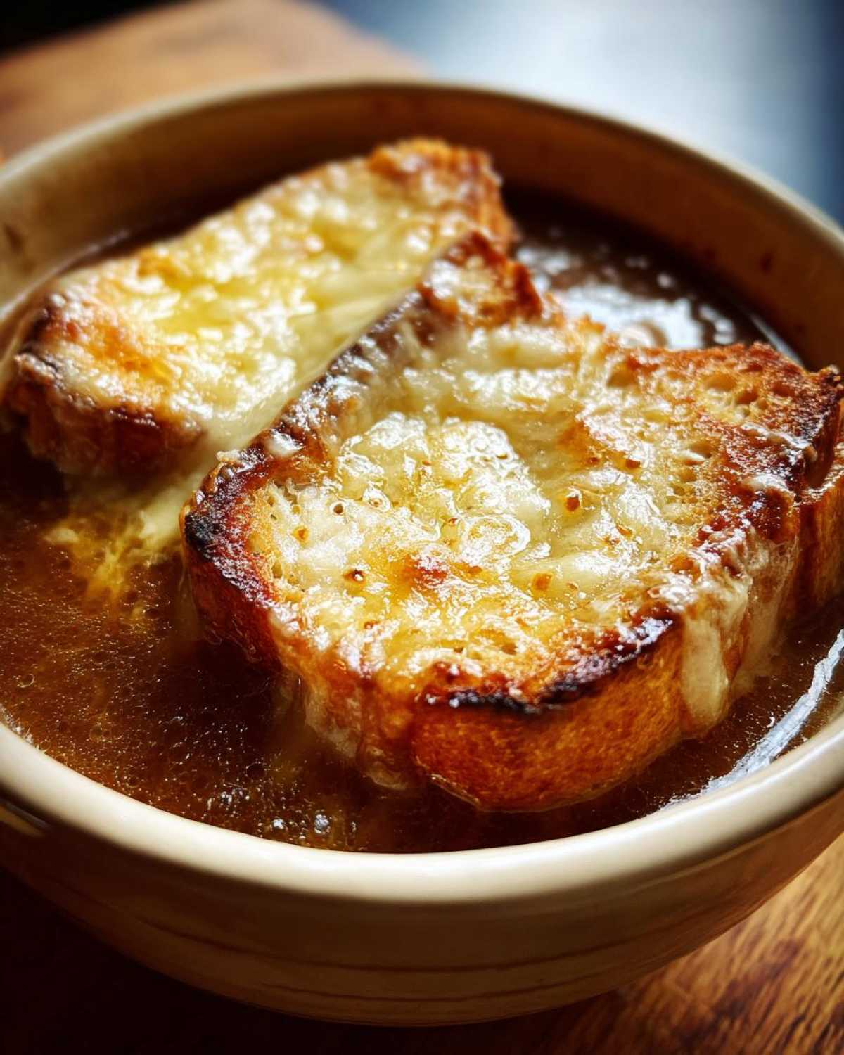 Close-up of a bowl of rich broth topped with two slices of toasted bread covered in melted, browned cheese for Instant Pot French Onion Soup.