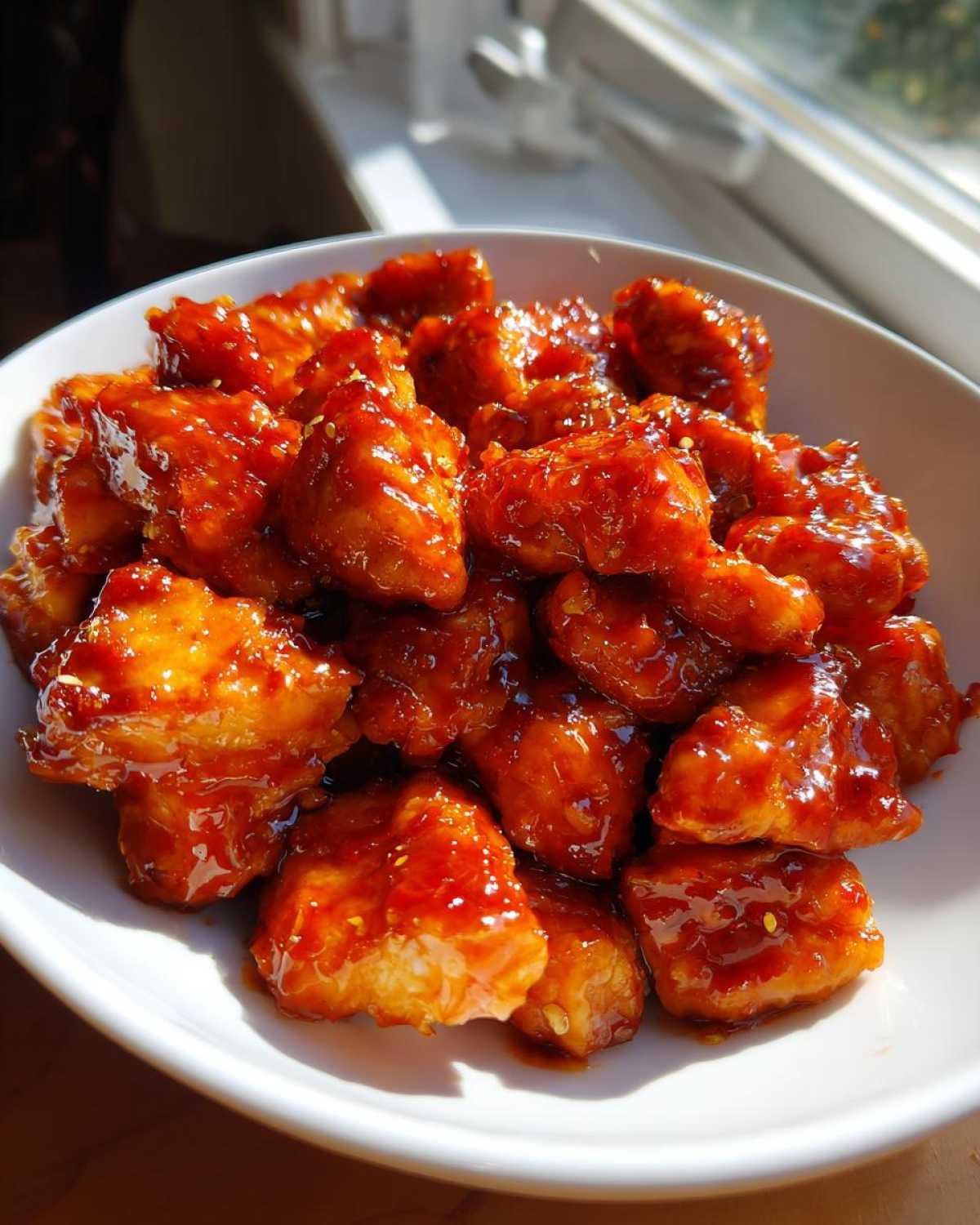 A white bowl filled with glistening, saucy pieces of Instant Pot Honey Sriracha Chicken, highlighted by natural light.