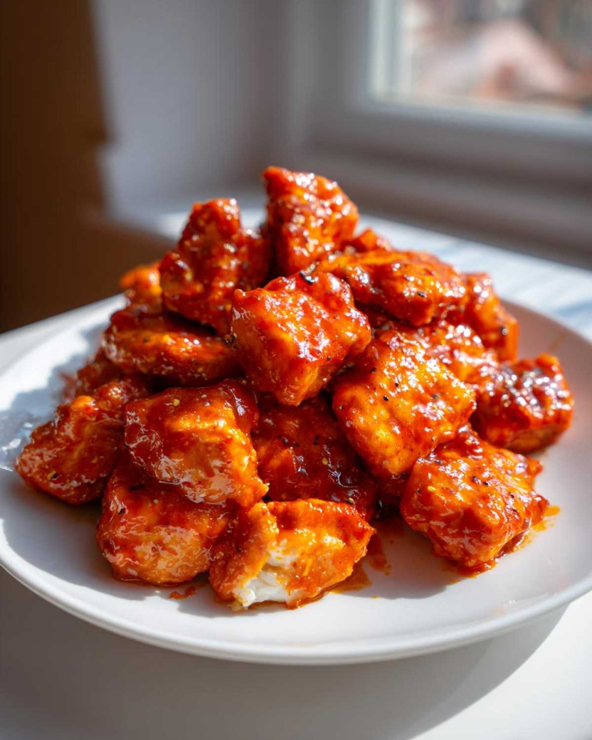 Close-up of glossy, saucy Instant Pot Honey Sriracha Chicken pieces piled on a white plate.