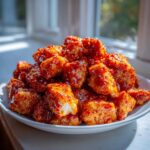 A pile of glistening, saucy Instant Pot Honey Sriracha Chicken pieces on a white plate.