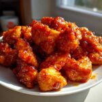 A plate piled high with sticky, glazed pieces of Instant Pot Honey Sriracha Chicken catching the sunlight.