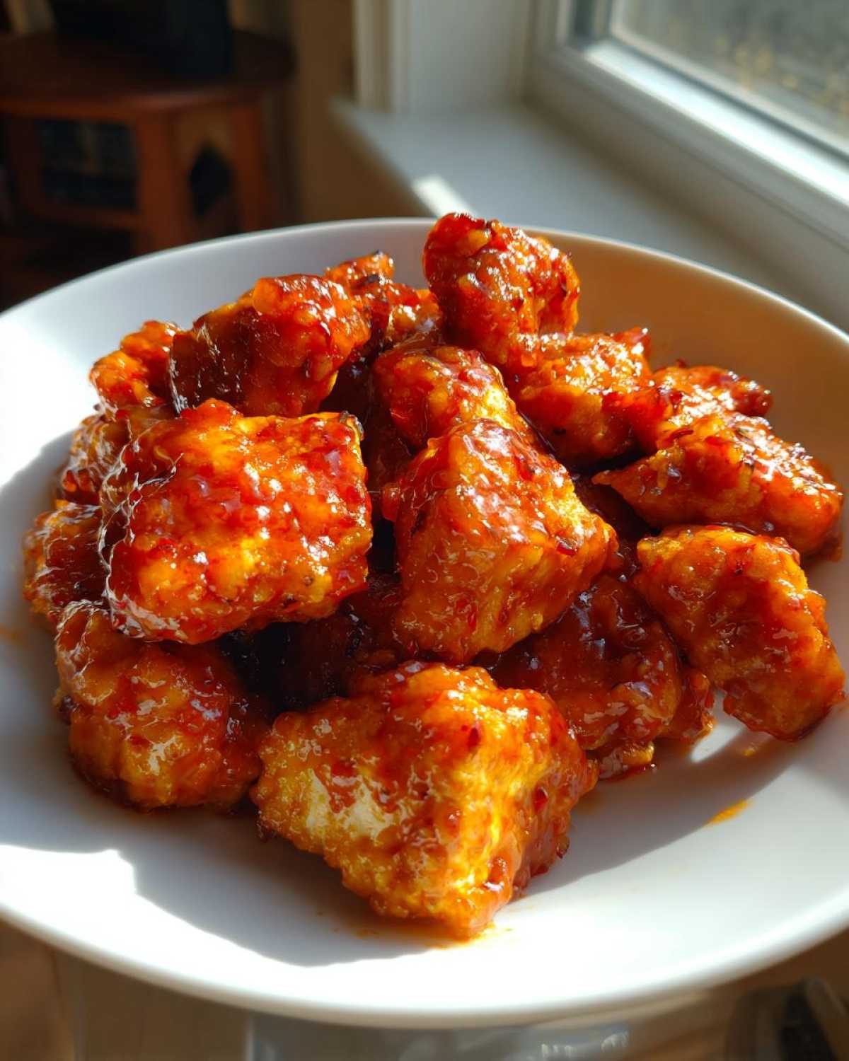Close-up of sticky, glazed Instant Pot Honey Sriracha Chicken pieces piled in a white bowl.