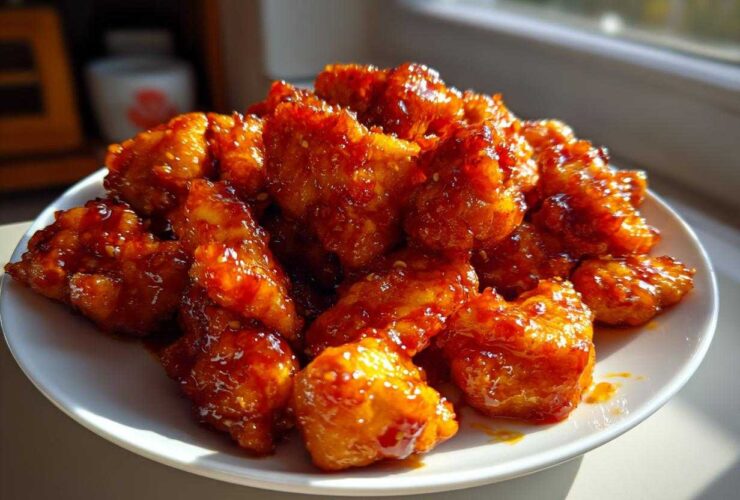 A plate piled high with sticky, glazed pieces of Instant Pot Honey Sriracha Chicken catching the sunlight.