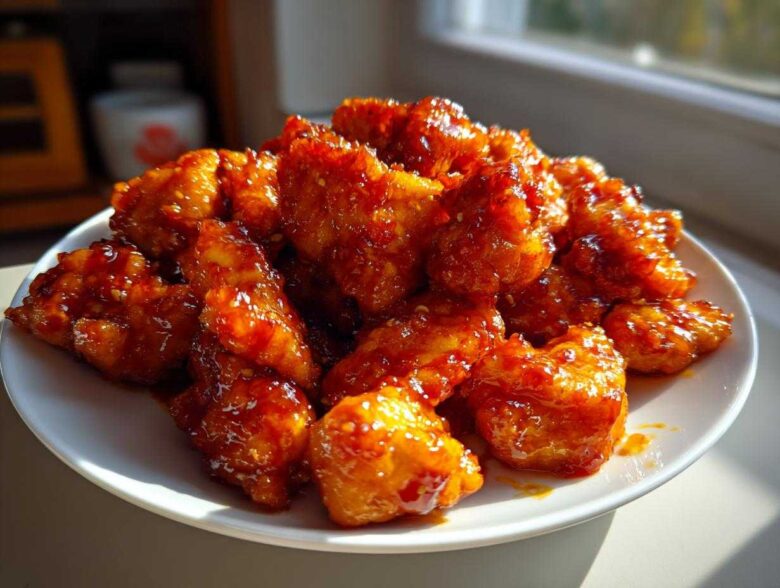A plate piled high with sticky, glazed pieces of Instant Pot Honey Sriracha Chicken catching the sunlight.