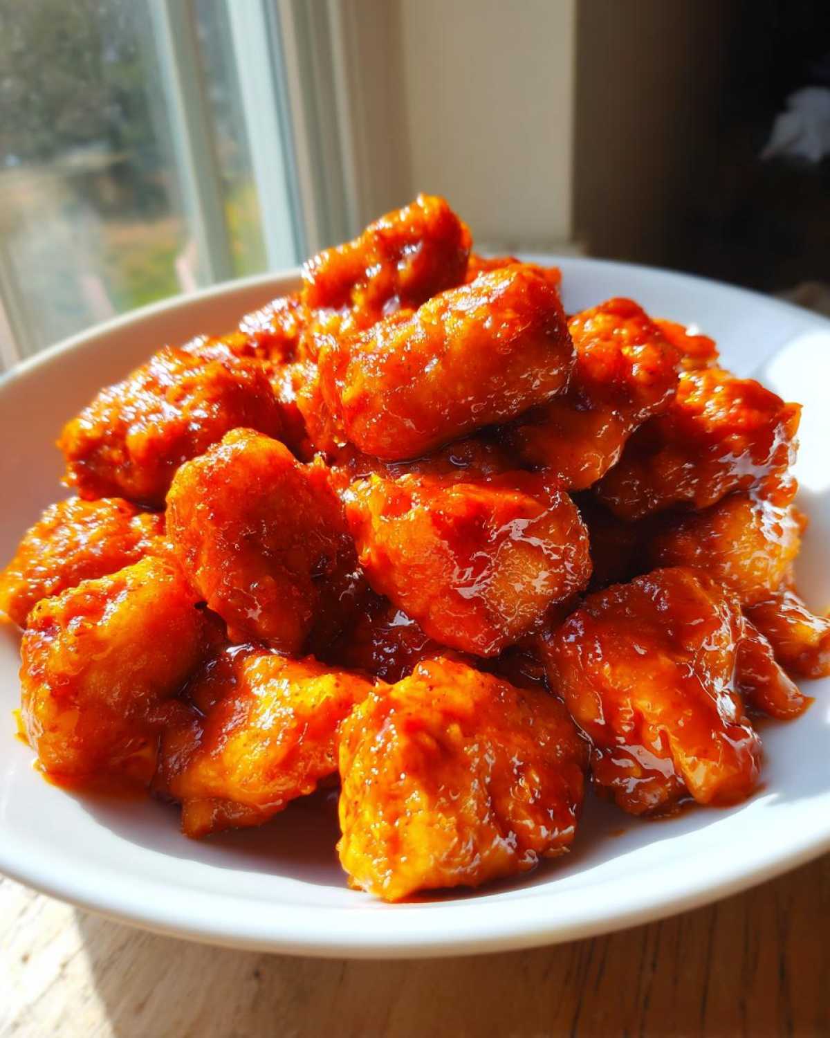 Close-up of glossy, saucy Instant Pot Honey Sriracha Chicken pieces piled high on a white plate.