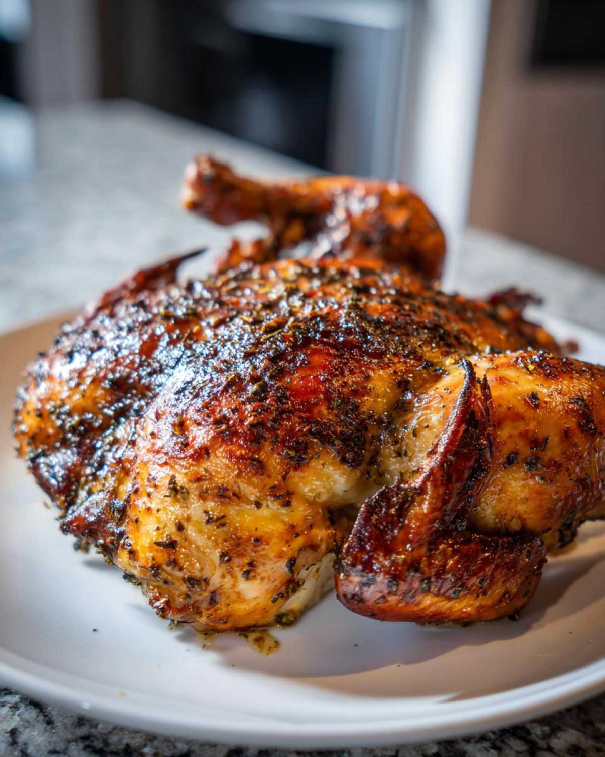 A whole, perfectly cooked spatchcock chicken with deeply browned, herb-crusted, crispy skin resting on a white plate.
