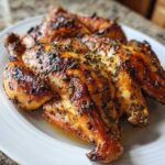 Close-up of a beautifully roasted spatchcock chicken with golden, herb-crusted, crispy skin served on a white plate.