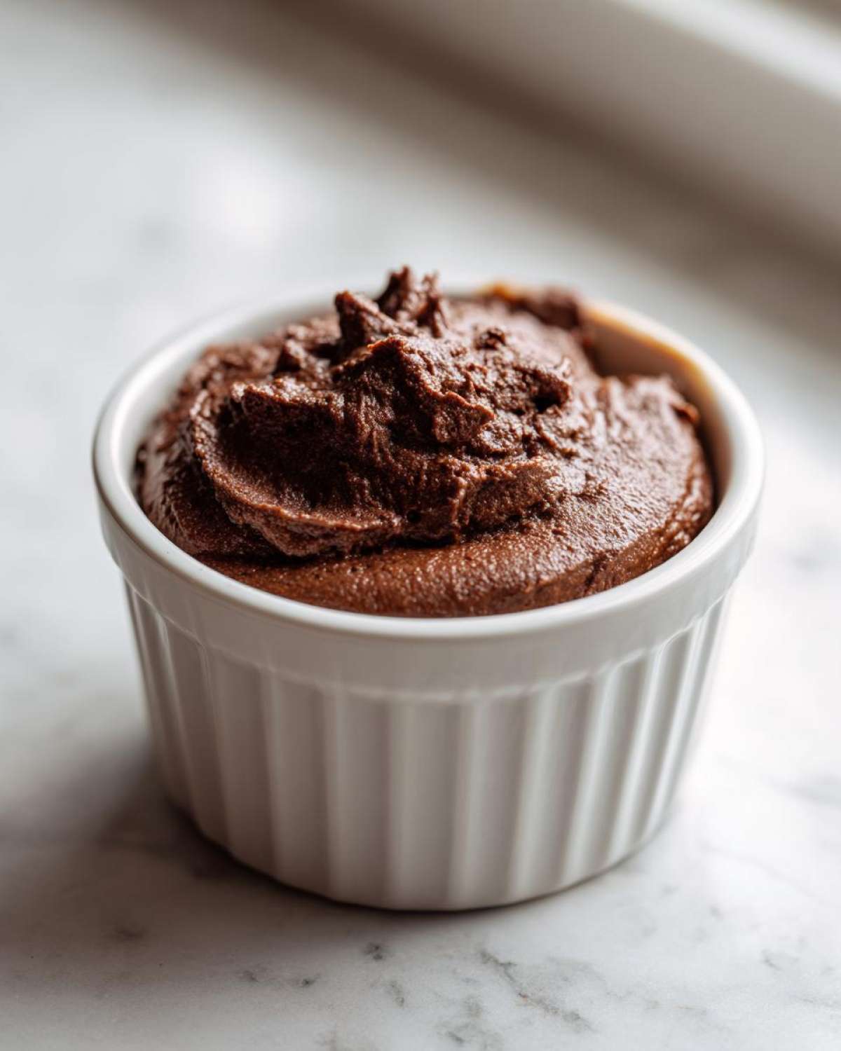 A single serving of rich, dark Keto Creamy Chocolate Cheesecake Mousse in a white ramekin.