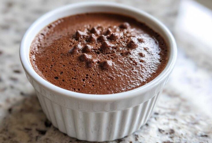 Close-up of rich, airy Keto Creamy Chocolate Cheesecake Mousse served in a white fluted ramekin.