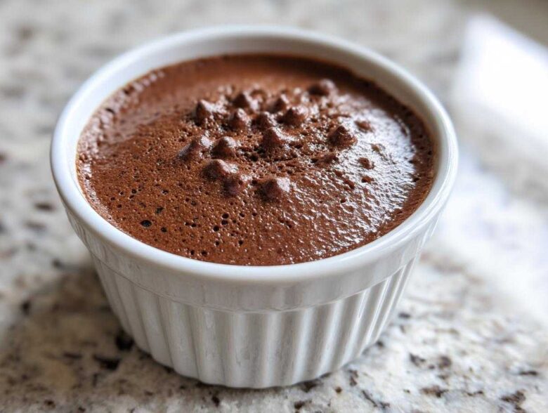 Close-up of rich, airy Keto Creamy Chocolate Cheesecake Mousse served in a white fluted ramekin.