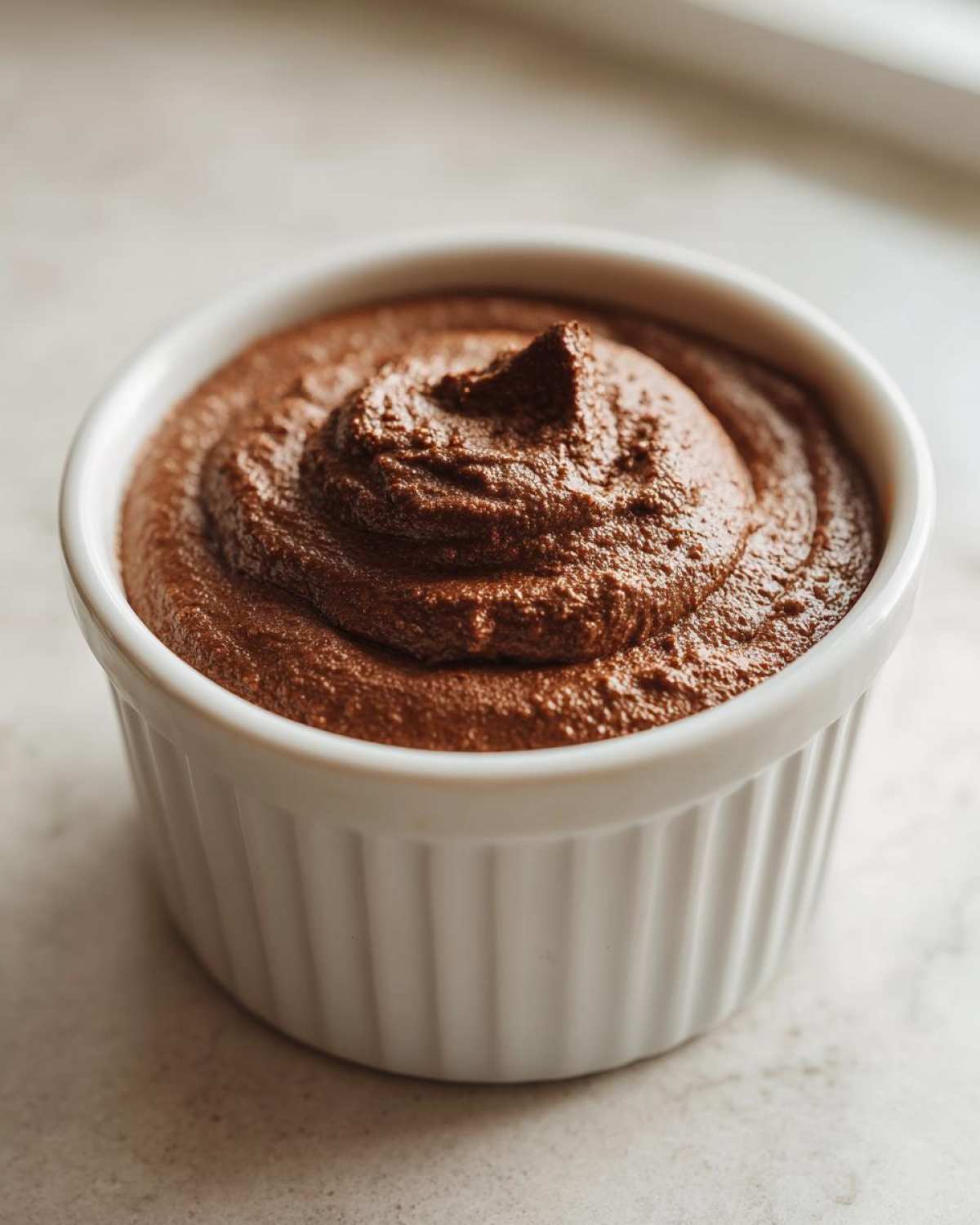 A close-up of rich, dark Keto Creamy Chocolate Cheesecake Mousse swirled high in a white ceramic ramekin.