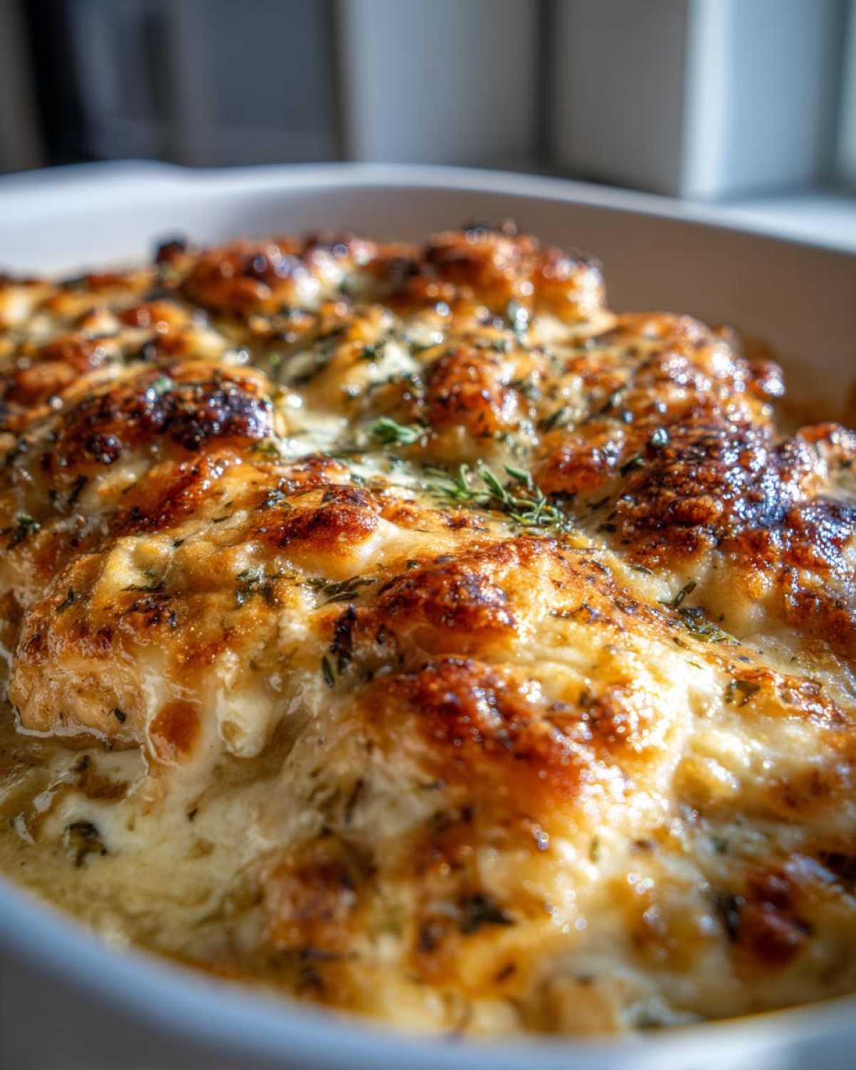 Close-up of the bubbly, golden-brown cheese topping on a Keto Creamy Garlic Herb Chicken Bake.