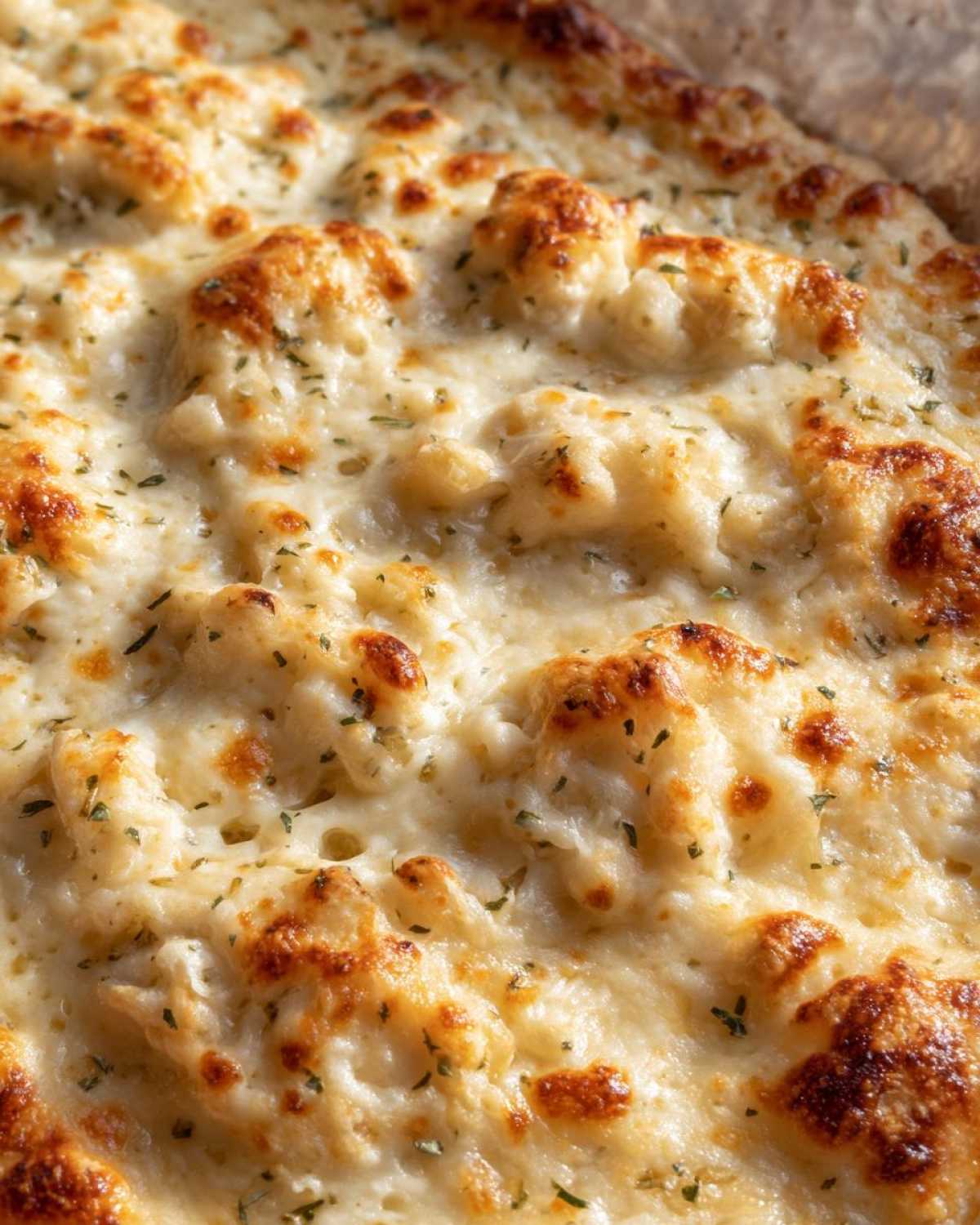 Close-up of the bubbly, browned cheese topping on the Keto Creamy Garlic Herb Chicken Bake.