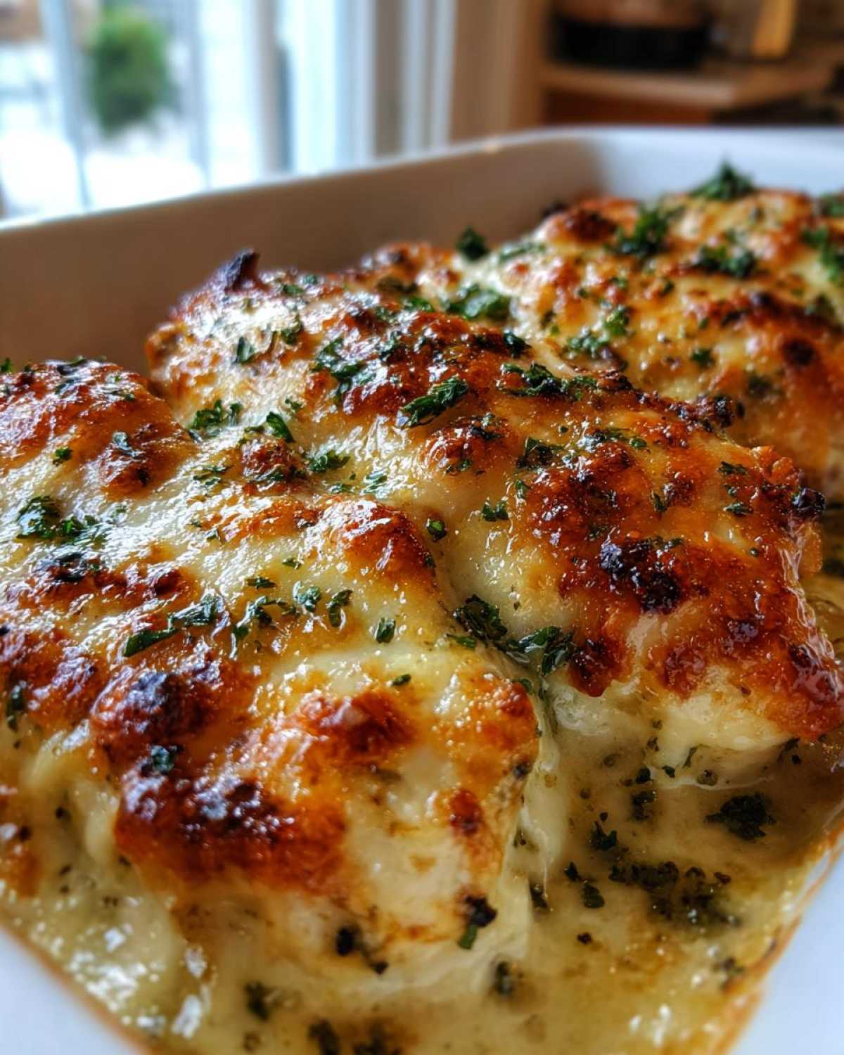 Close-up of cheesy, baked chicken breasts topped with herbs from the Keto Creamy Garlic Herb Chicken Bake.