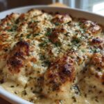 Close-up of golden-brown, baked chicken pieces covered in a rich, creamy garlic herb sauce.
