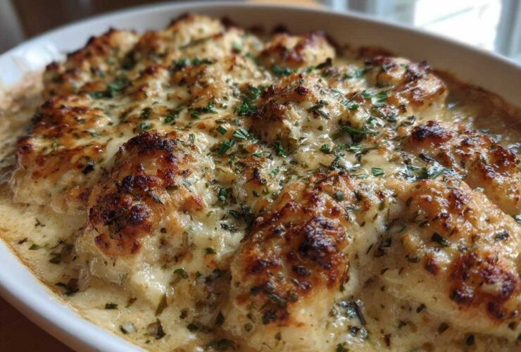 Close-up of golden-brown, baked chicken pieces covered in a rich, creamy garlic herb sauce.