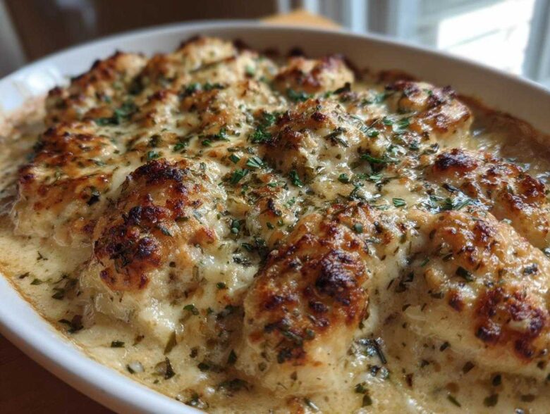Close-up of golden-brown, baked chicken pieces covered in a rich, creamy garlic herb sauce.