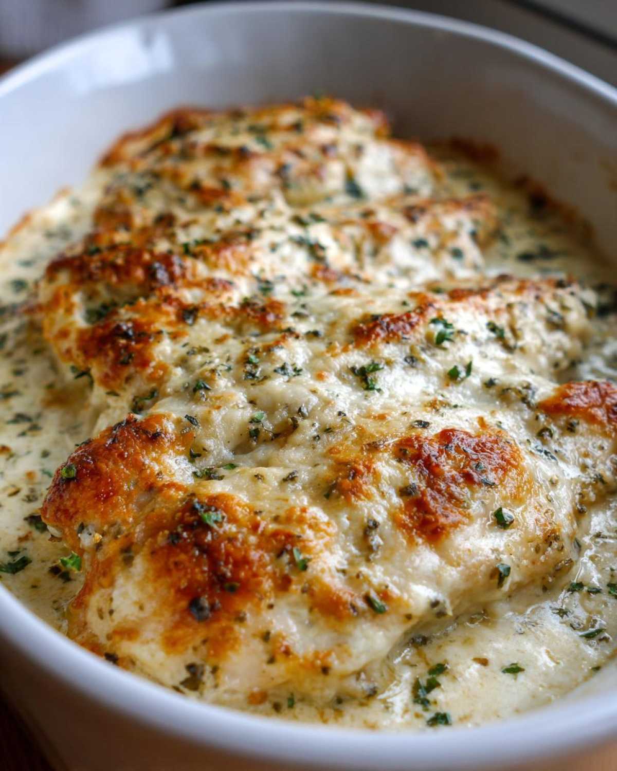 Close-up of Keto Creamy Garlic Herb Chicken Bake with melted, browned cheese and herbs.