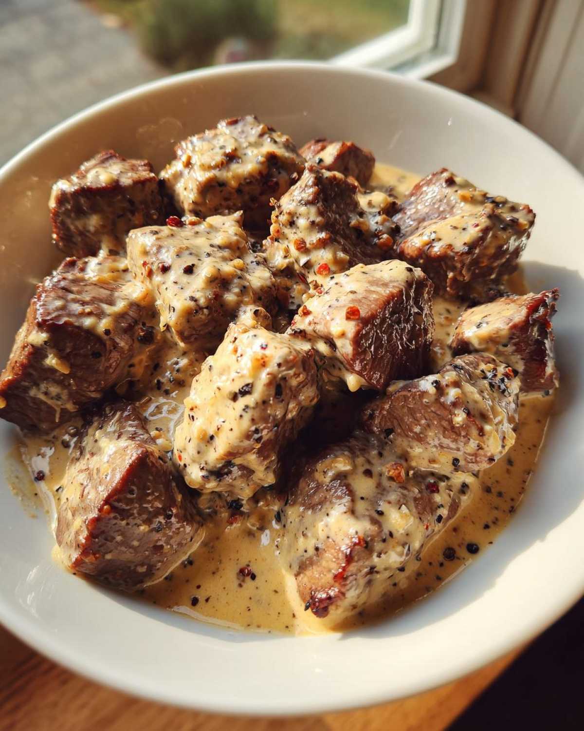 Close-up of Keto Creamy Peppercorn Steak Bites generously coated in a rich, speckled peppercorn sauce.