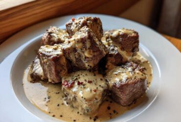 A serving of Keto Creamy Peppercorn Steak Bites drenched in a rich, speckled sauce on a white plate.