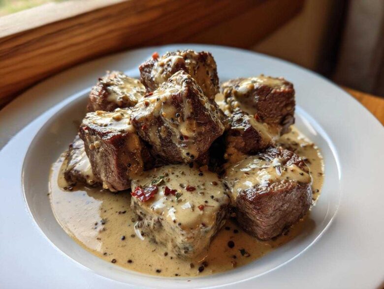 A serving of Keto Creamy Peppercorn Steak Bites drenched in a rich, speckled sauce on a white plate.