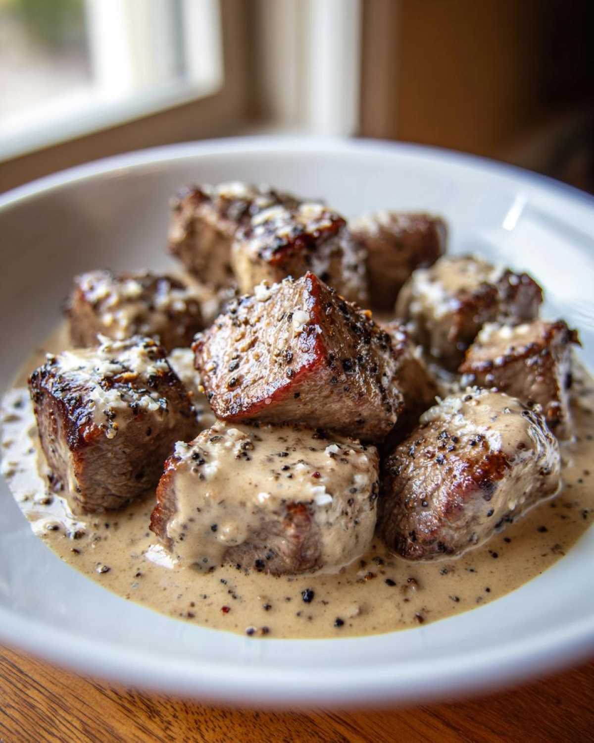 Close-up of seared Keto Creamy Peppercorn Steak Bites coated in a rich, speckled peppercorn sauce.