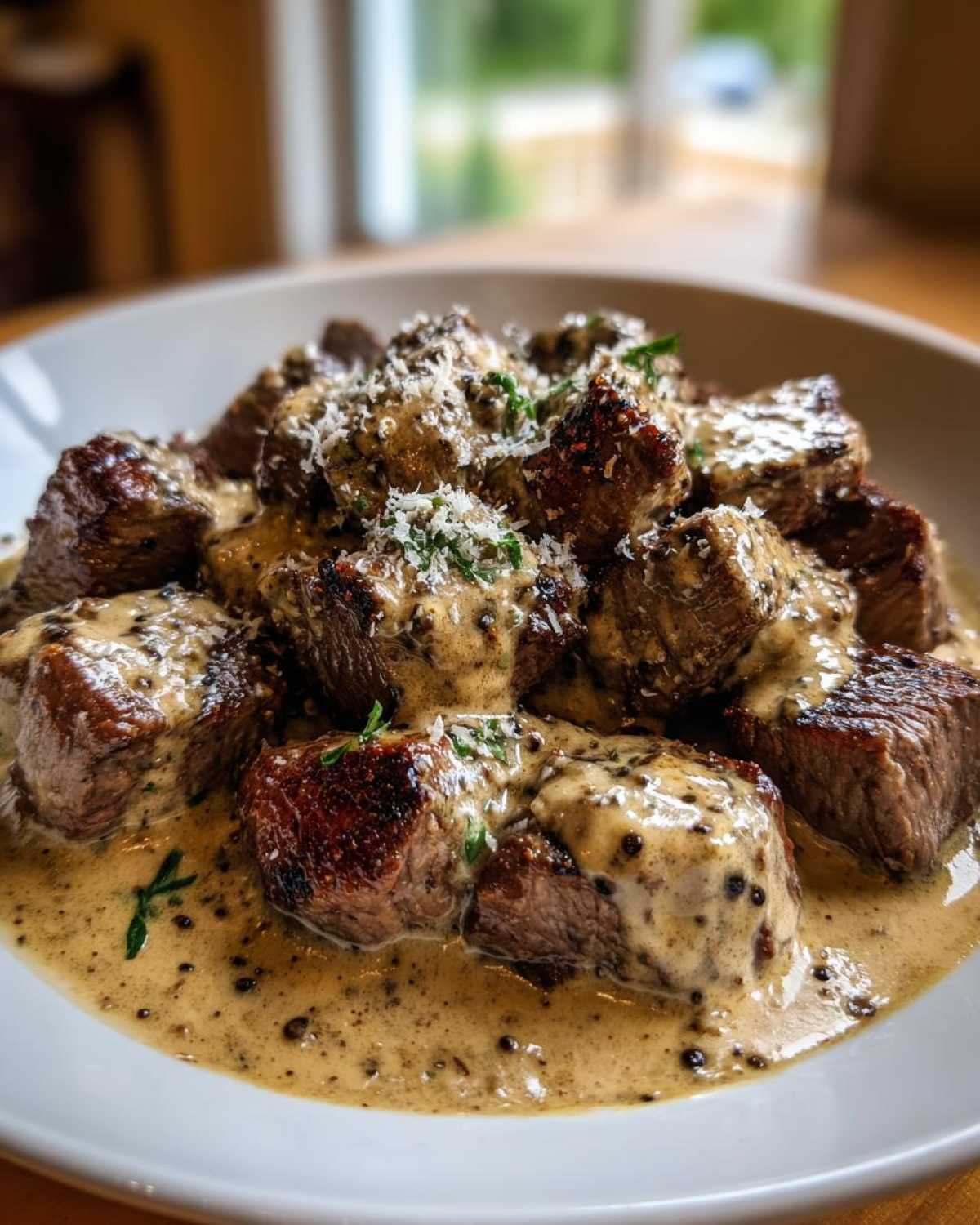 Close-up of seared Keto Creamy Peppercorn Steak Bites smothered in a rich, creamy peppercorn sauce and topped with grated cheese.
