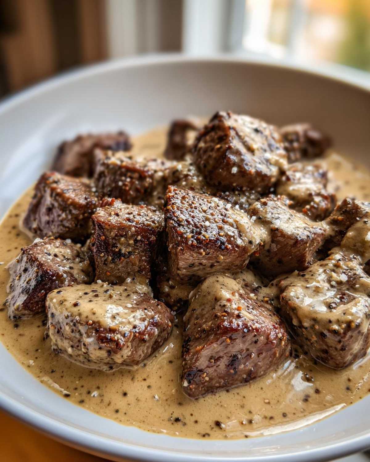 Close-up of seared steak bites coated in a rich, creamy peppercorn sauce, perfect for Keto Creamy Peppercorn Steak Bites.