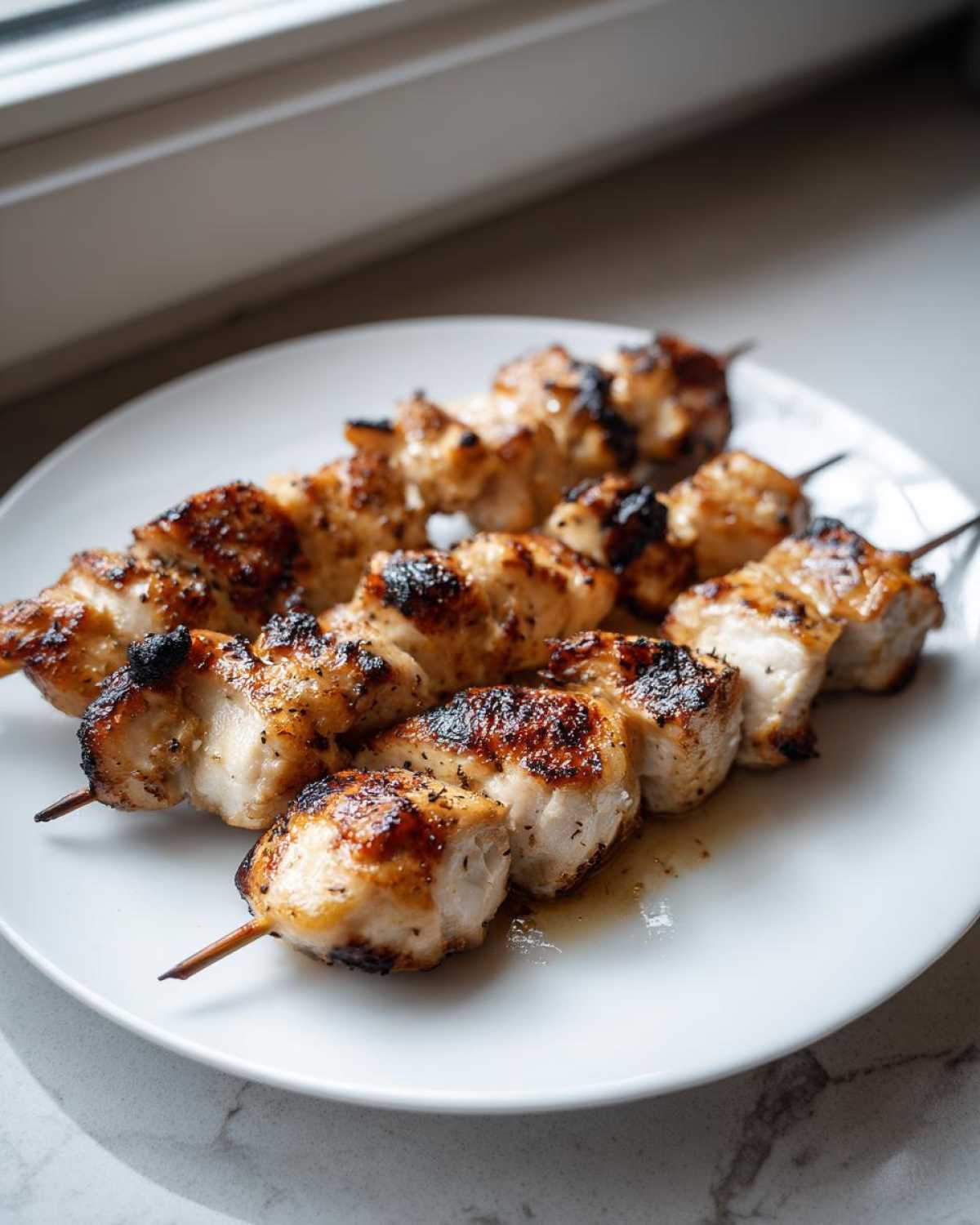 Close-up of two skewers featuring juicy, charred Keto Lemon Garlic Chicken Skewers resting on a white plate.