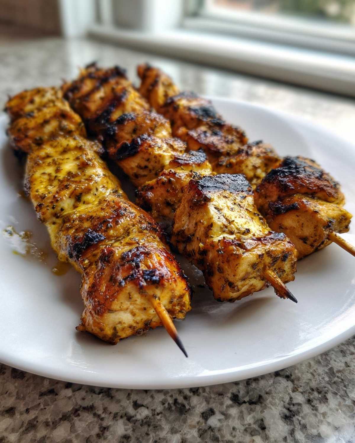 Close-up of several grilled Keto Lemon Garlic Chicken Skewers with char marks, resting on a white plate.