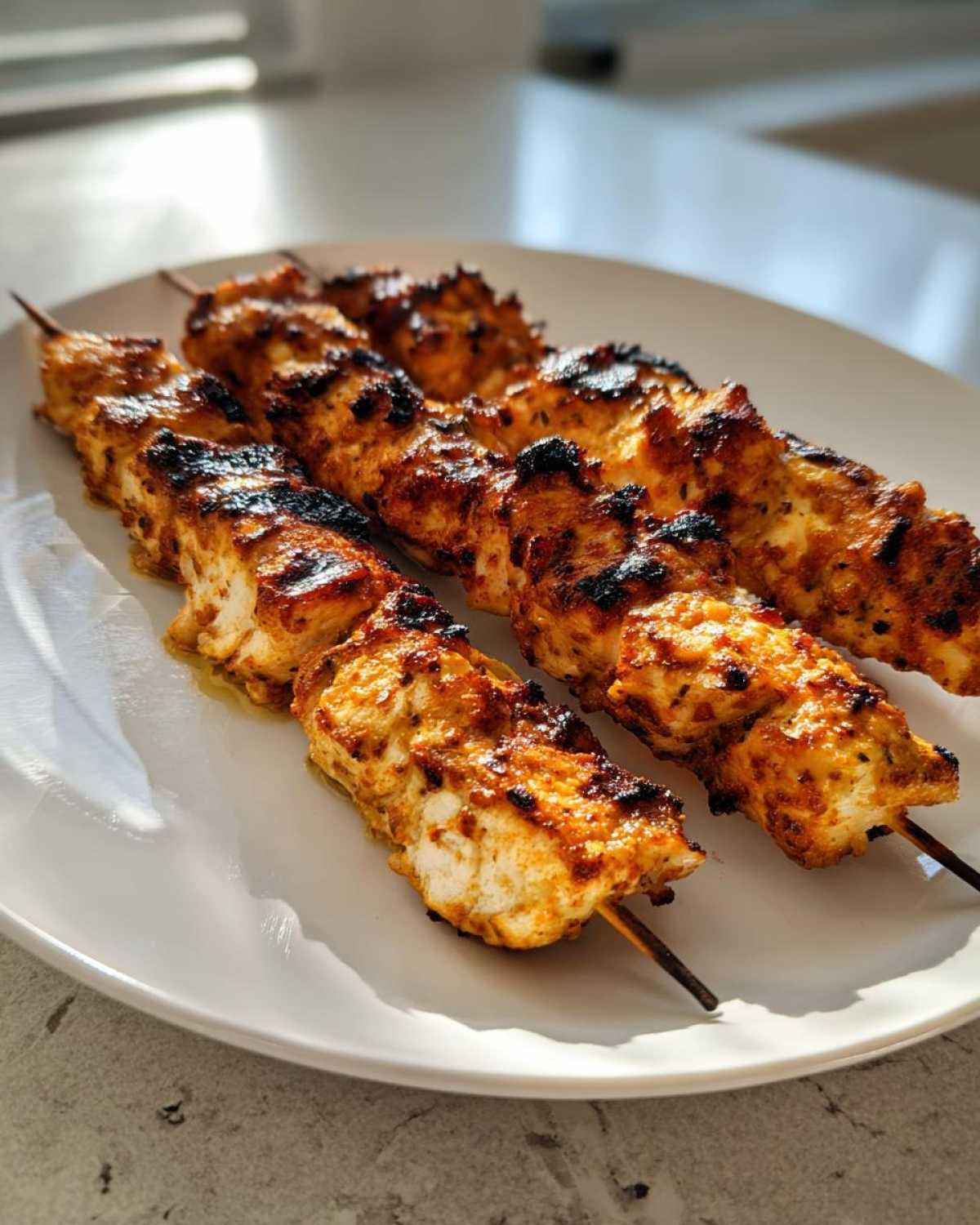 Three grilled Keto Lemon Garlic Chicken Skewers resting on a white plate, showing char marks and golden seasoning.