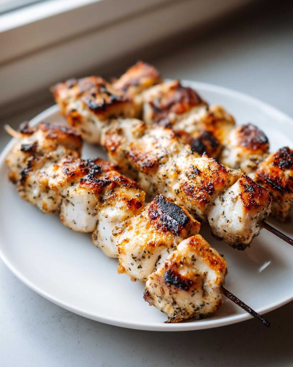 Close-up of perfectly grilled Keto Lemon Garlic Chicken Skewers seasoned with herbs, resting on a white plate.
