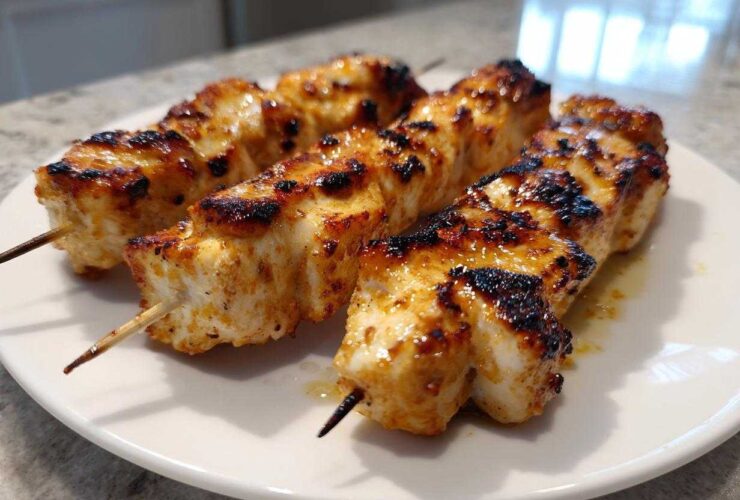 Close-up of three perfectly grilled Keto Lemon Garlic Chicken Skewers resting on a white plate.