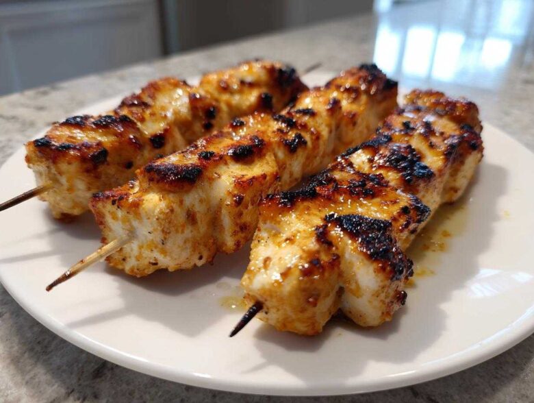 Close-up of three perfectly grilled Keto Lemon Garlic Chicken Skewers resting on a white plate.