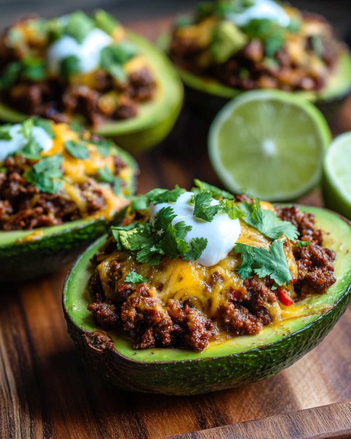 Close-up of a Keto Taco Stuffed Avocado filled with seasoned ground meat, melted cheese, sour cream, and cilantro.