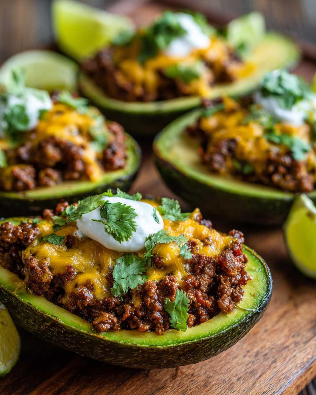 Close-up of Keto Taco Stuffed Avocados filled with seasoned ground meat, melted cheddar cheese, sour cream, and cilantro.